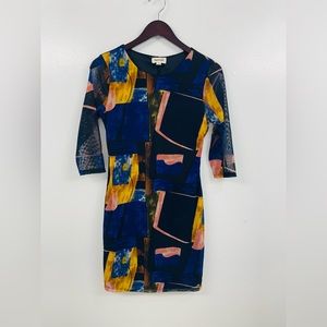 OPEN EDIT Women's Geo Print Three Quarter Sleeve Mesh Mini Dress MEDIUM